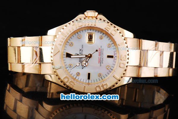 Rolex Yachtmaster Oyster Perpetual Automatic Movement Full Rose Gold Case/Strap with White MOP Dial and Diamond Hour Marker - Click Image to Close